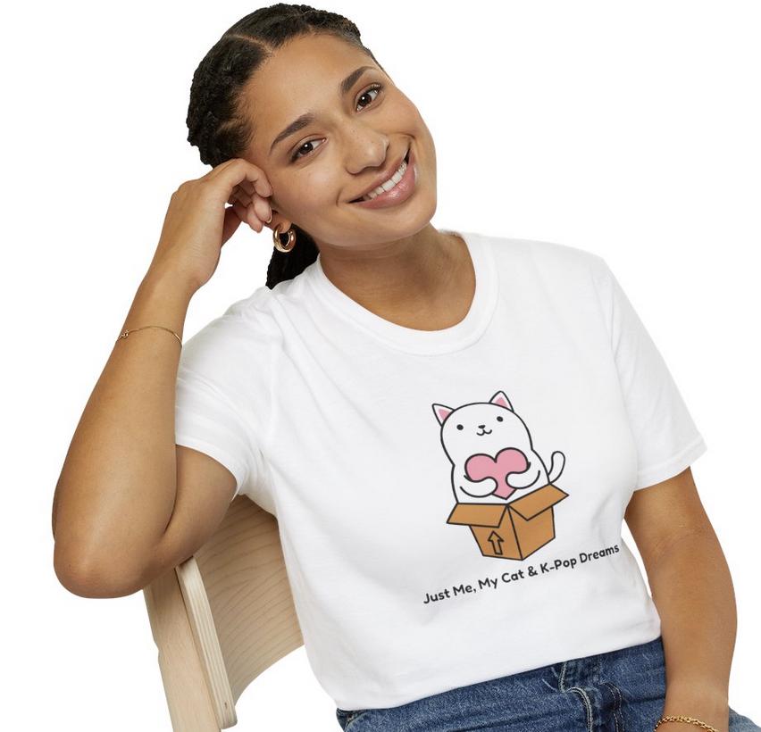 Kpop Cat Shirt, Just Me My Cat and Kpop Dreams Tee, Funny Fan Merch, Cute Outfit, Unisex Cotton T-Shirt