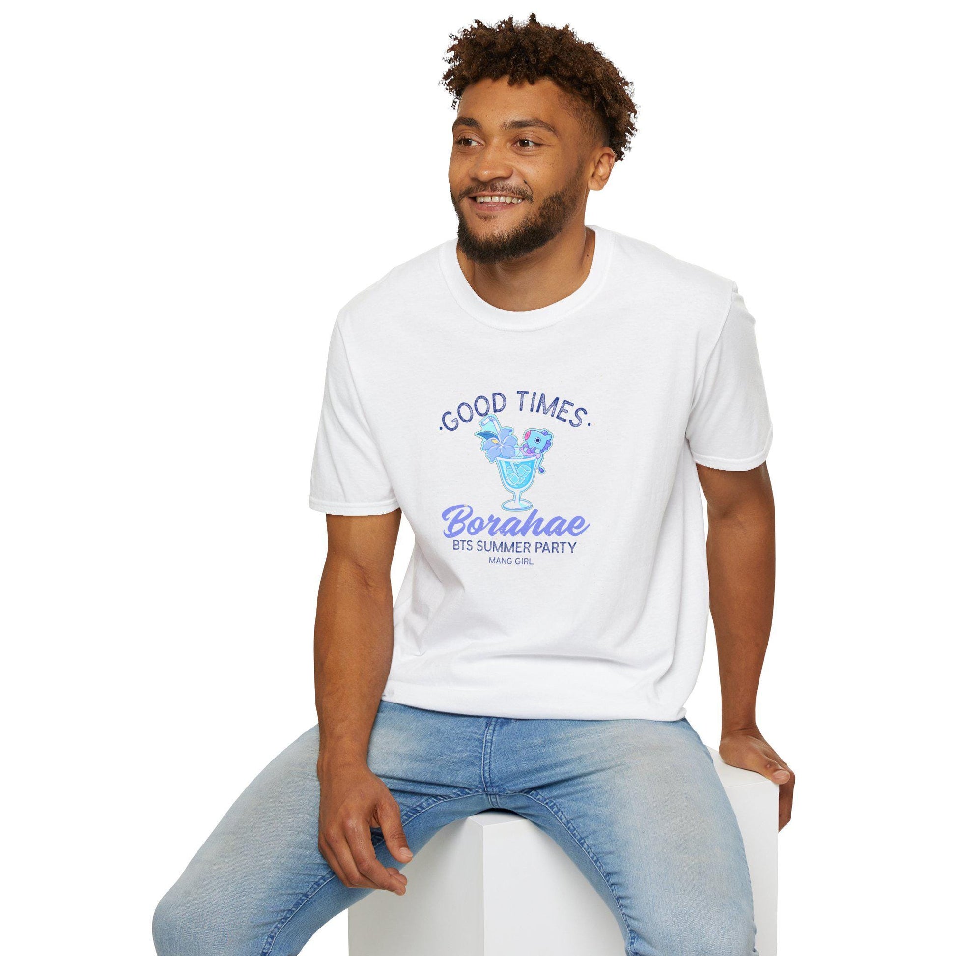 BT21 Jhope Mang Surfwear Style T-Shirt, K-Pop Fan Shirt, Colorful Cocktail Design Tee, Unisex BTS Merchandise, Beach Party Clothing