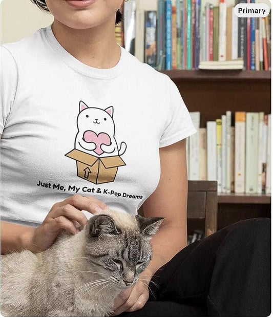 Kpop Cat Shirt, Just Me My Cat and Kpop Dreams Tee, Funny Fan Merch, Cute Outfit, Unisex Cotton T-Shirt