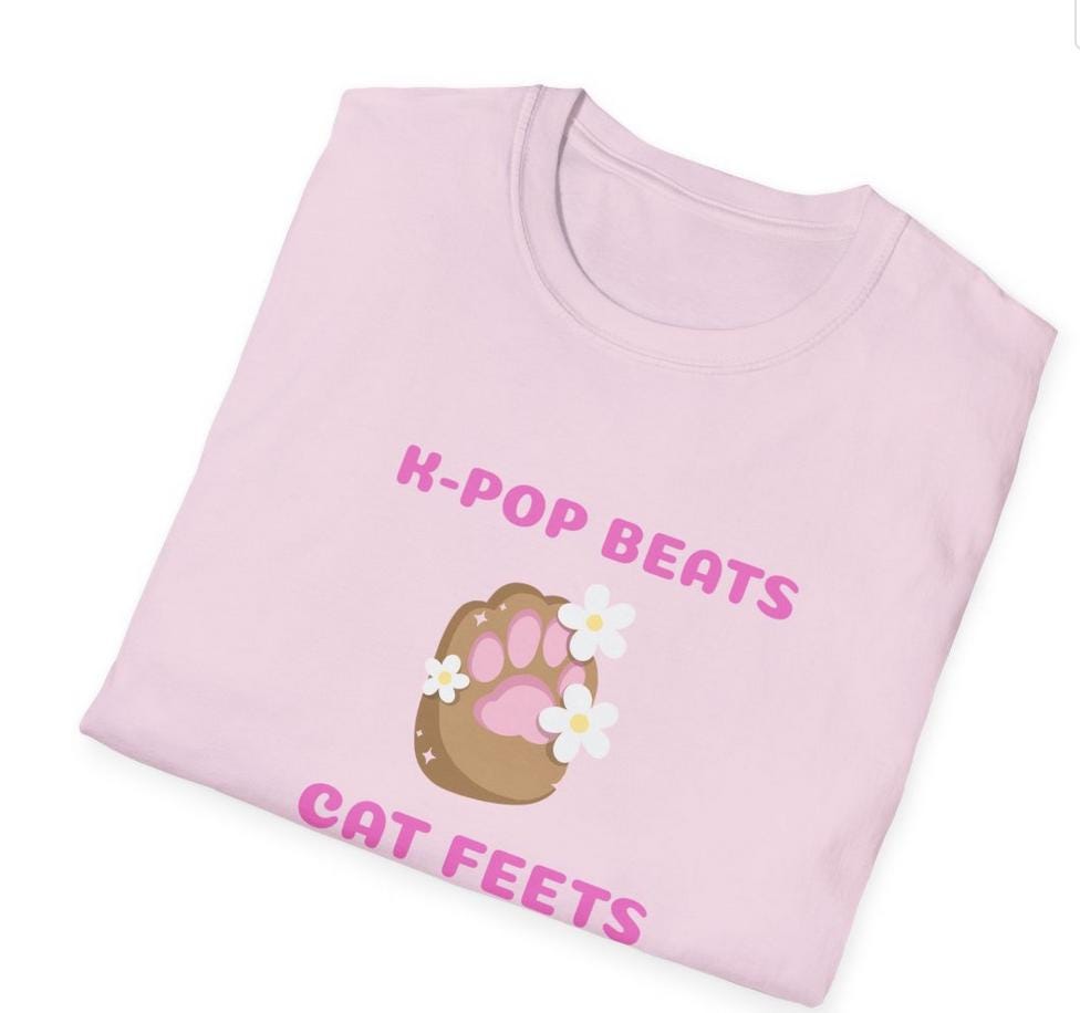 Kpop Cat Shirt, Beats and Cat Feets Tee, Funny Fan Merch, Cute Aesthetic Outfit, Unisex Cotton Top