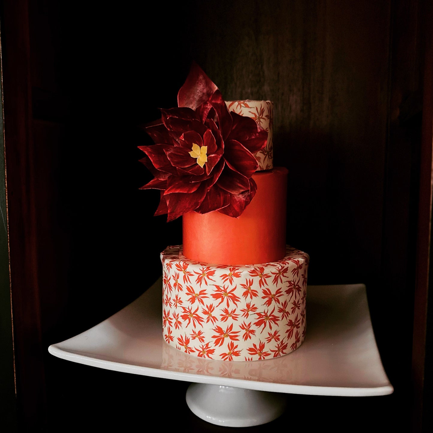 Retro Poinsettia Full Edible Printed Cake Wrap for Wedding Cake, Birthday Cake, Party Decoration, New Years